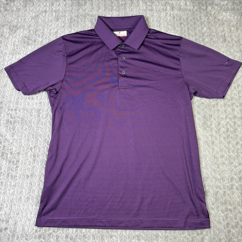 Grand Slam Performance Mens Purple Striped Golf Polo Shirt Short Sleeve Size M